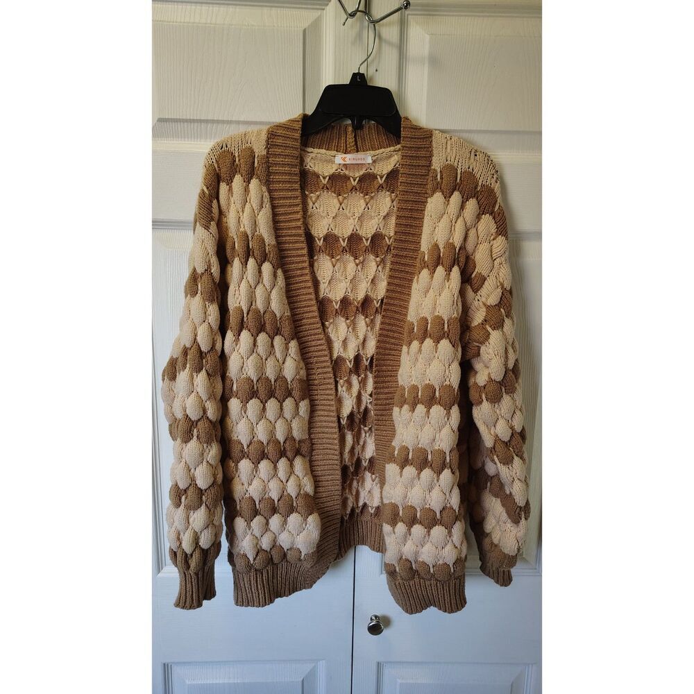 KIRUNDO Oversized Bubble Stitch Chunky Cardigan Taupe & Cream Colorblock Large